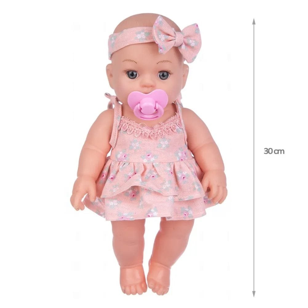 Handcrafted Style Reborn Baby Doll in pink outfit with pacifier and headband, 30cm size for nursery play and gifting.