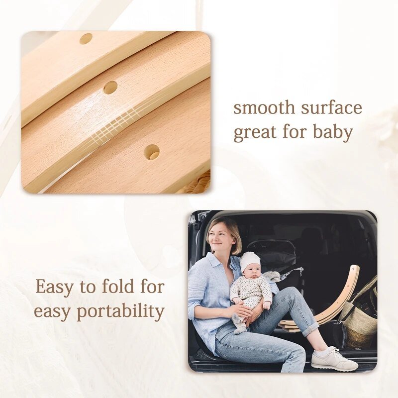 Handcrafted wooden baby play gym with sensory toys shown in use for stroller-side and floor playtime.