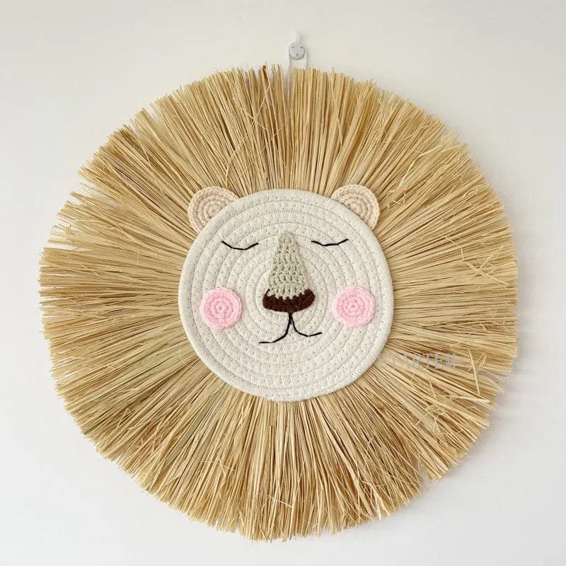 Decorative wall hanging with lion face design.