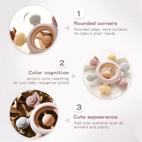 Baby teething ring with rounded corners, color cognition features, and cute appearance.