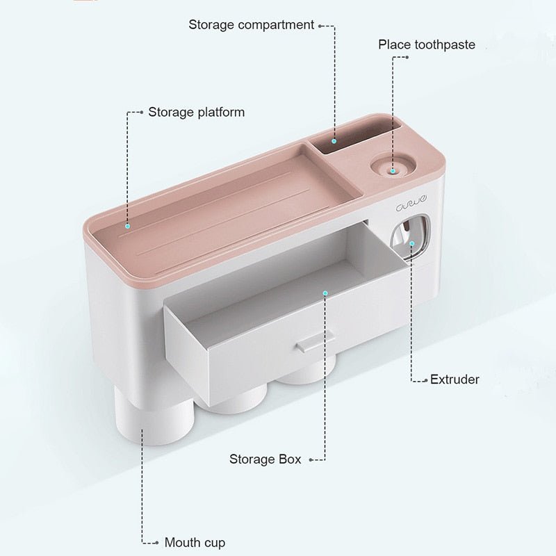 Hands-free magnetic toothbrush holder with labelled compartments for neat family bathroom storage.