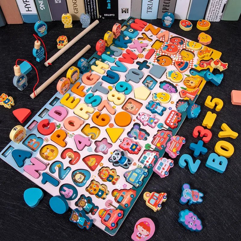 Montessori wooden math puzzle for hands-on learning with magnetic letters and shapes for interactive practice sessions.