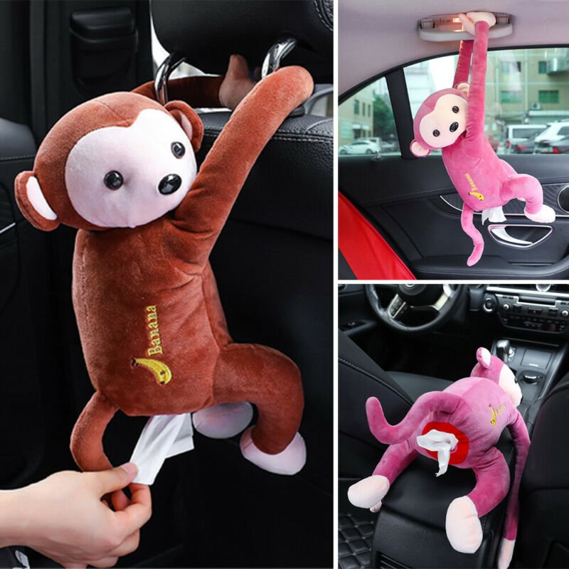 Collage of plush monkey toys hanging from car hooks with a banana and pacifier attached.