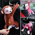Collage of plush monkey toys hanging from car hooks with a banana and pacifier attached.