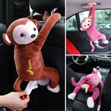 Collage of plush monkey toys hanging from car hooks with a banana and pacifier attached.