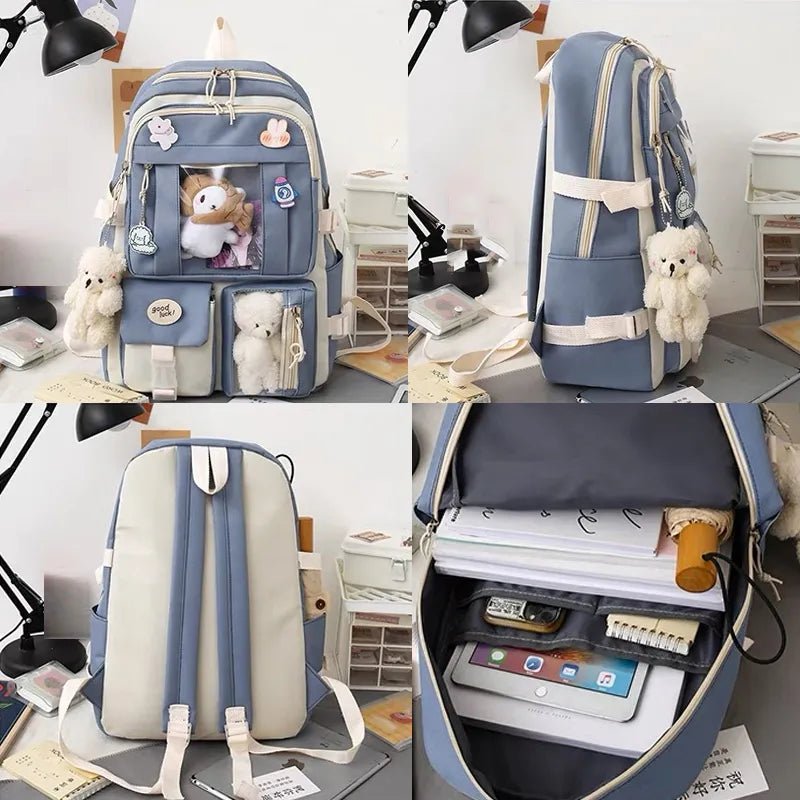 Kawaii Harajuku 5Pc school bag set in blue and grey with teddy charms for teen girls carrying books and laptops.