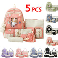 5Pc Harajuku Kawaii School and Laptop Bag Set in pink with plush charms for teen girls heading back to class.