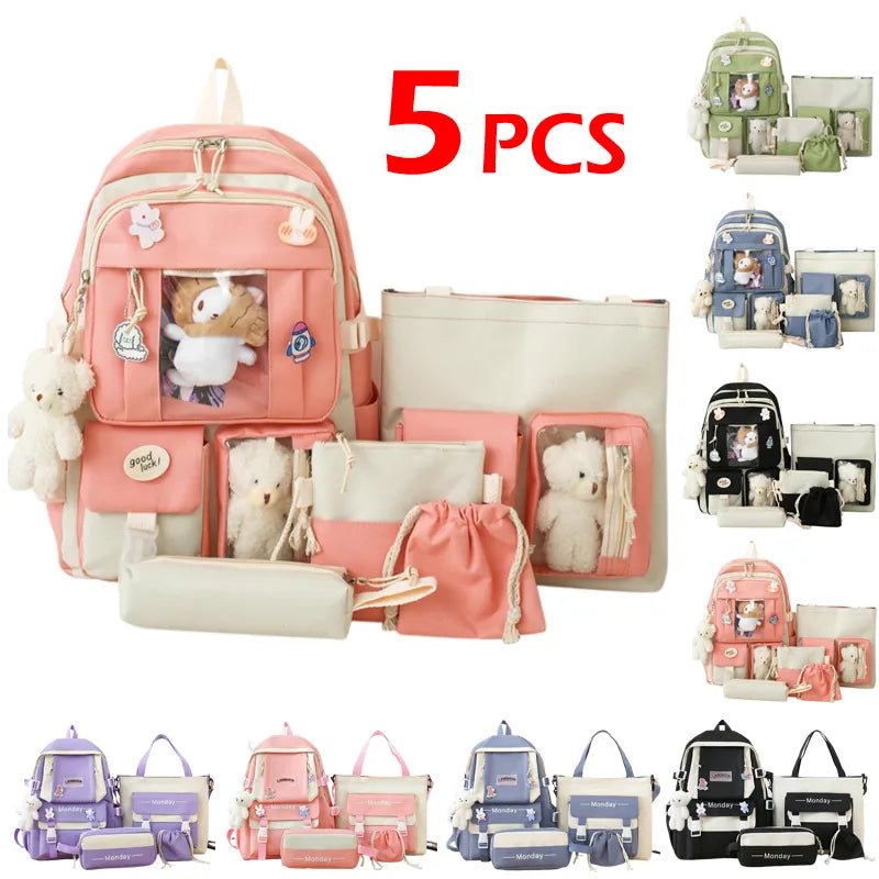 5Pc Harajuku Kawaii School and Laptop Bag Set in pink with plush charms for teen girls heading back to class.