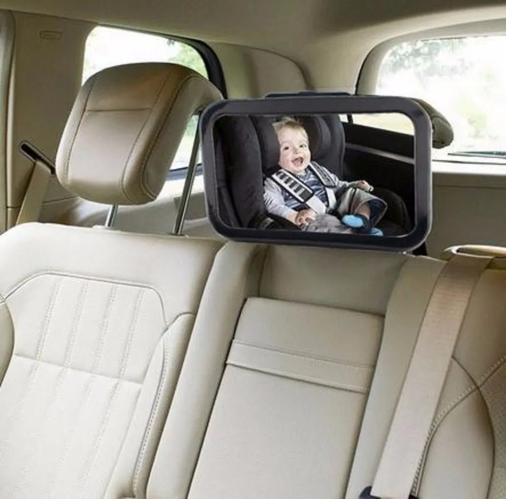 Adjustable Wide Car Seat Mirror mounted on headrest for rear-facing infant car seat safety checks.