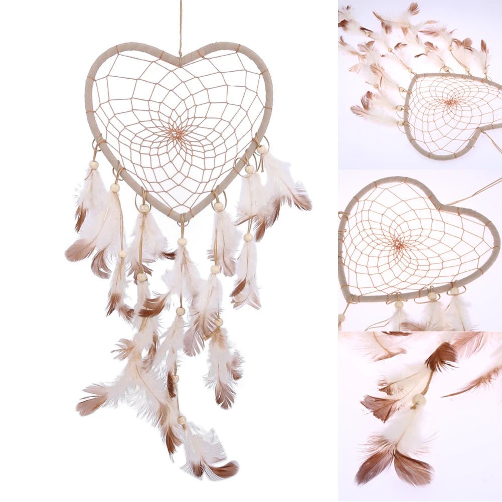 Heart-shaped rattan dream catcher with feather accents for romantic gifting and decor.