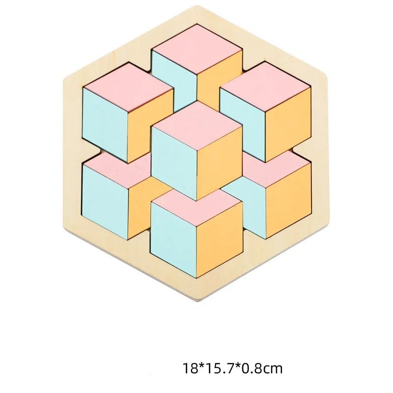Hexagonal wooden puzzle with pastel blocks for toddlers exploring patterns and colour matching.