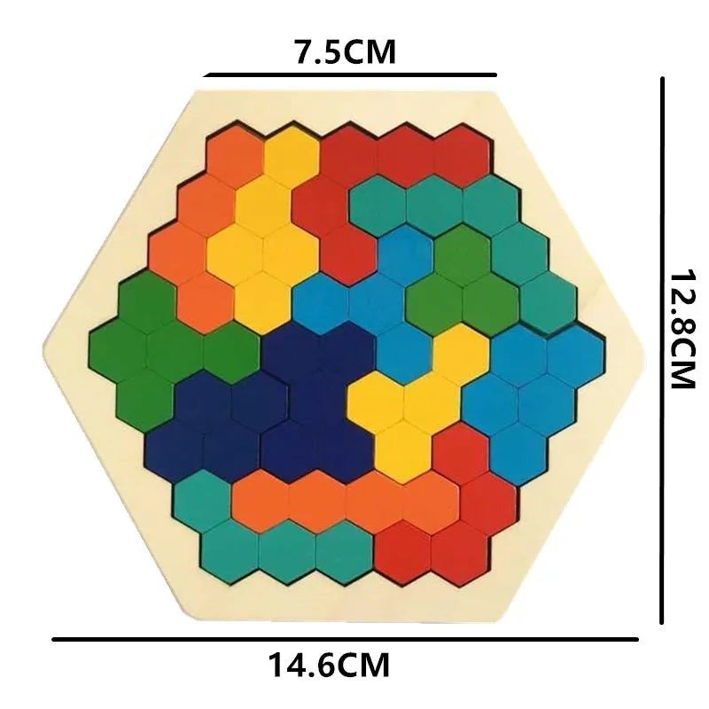Hexagonal wooden Montessori puzzle with dimensions to help parents pick the right size for toddlers.