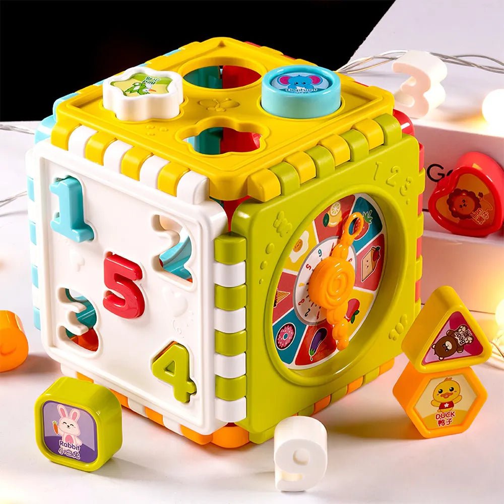 Hexahedron shape matching puzzle cube with numbers used for early learning play.