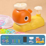 Toy whale with colorful rings.