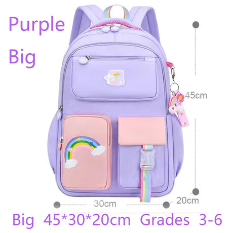 Purple backpack with rainbow designs and measurements.