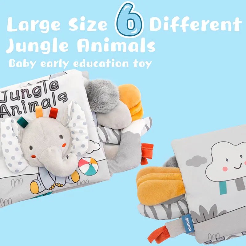 High contrast cloth baby book featuring jungle animals for early education and visual development.