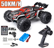 High-impact brushless RC Monster Truck with remote control, battery, and accessories for durable off-road play.