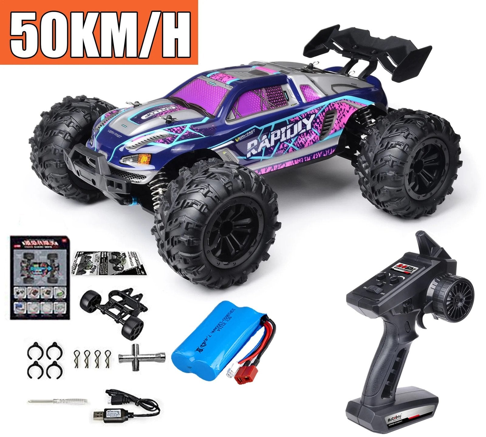 High performance brushless 4x4 RC Monster Truck shown with accessories for fast off-road racing and outdoor fun.