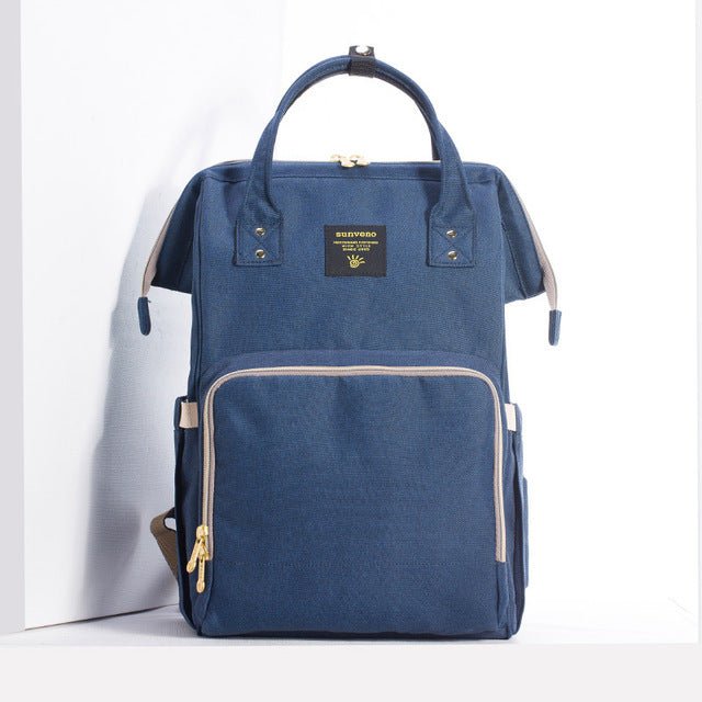 Blue backpack with a visible brand logo.