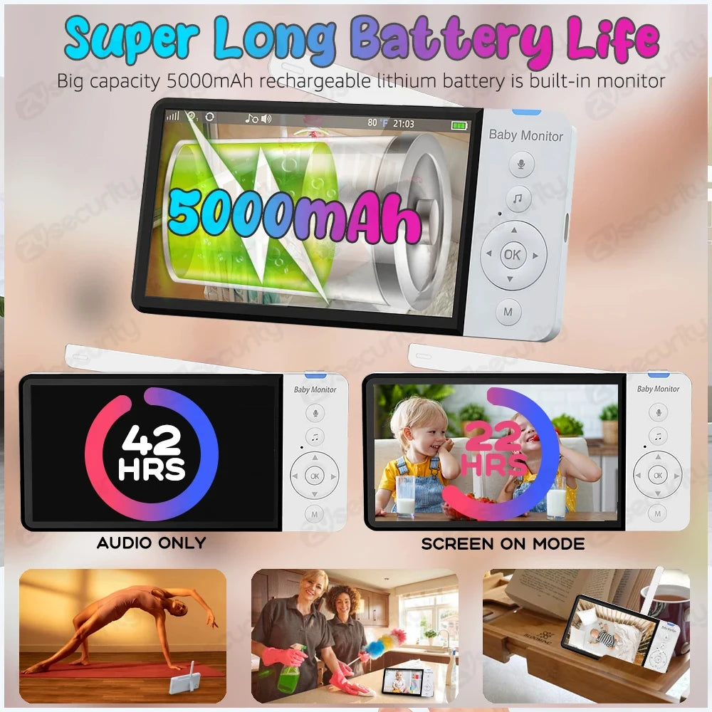 High-resolution IPS PTZ Baby Monitor with long battery life for all-night nursery monitoring.