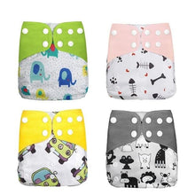 Four colorful baby diapers with animal and patterned designs