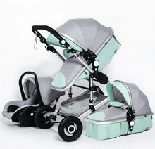 High-seat 3-in-1 baby stroller set with car seat and bassinet for travel convenience.