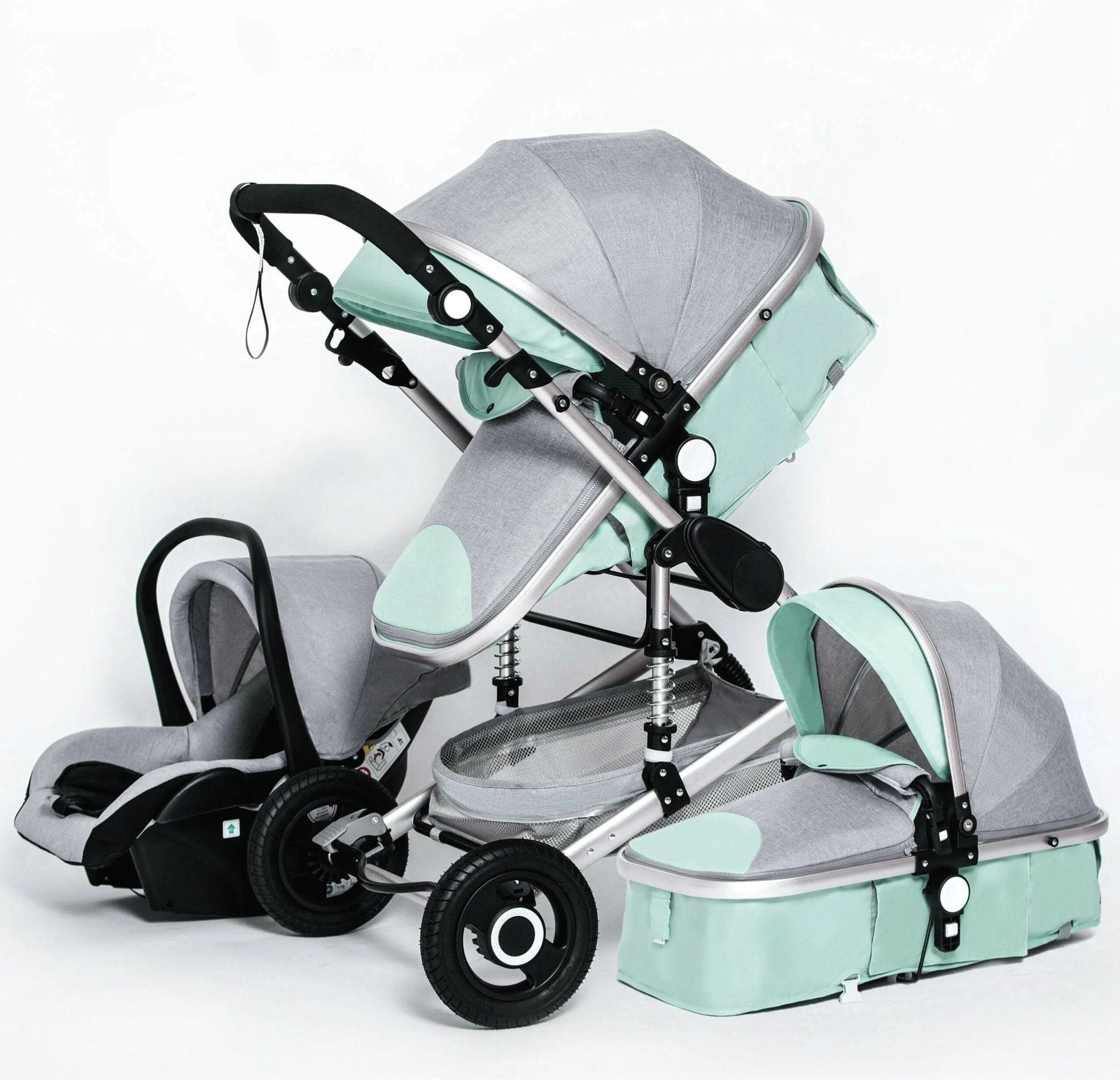 High-seat 3-in-1 baby stroller set with car seat and bassinet for travel convenience.
