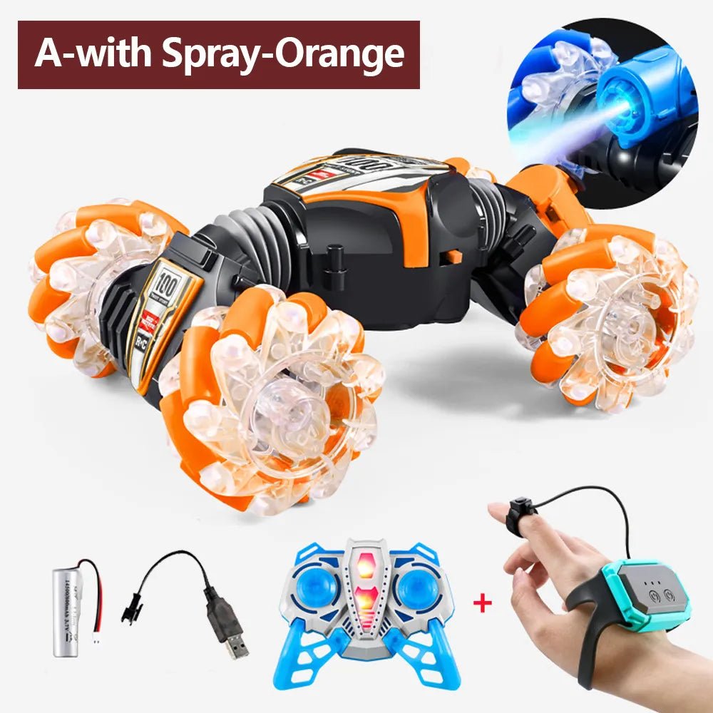 Remote gesture stunt car for high-speed action shown with spray feature and battery pack.