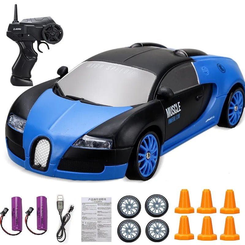 High-Speed Drift RC Car blue and black AE86/GTR model racing toy racing in a living room scene for kids remote control play.