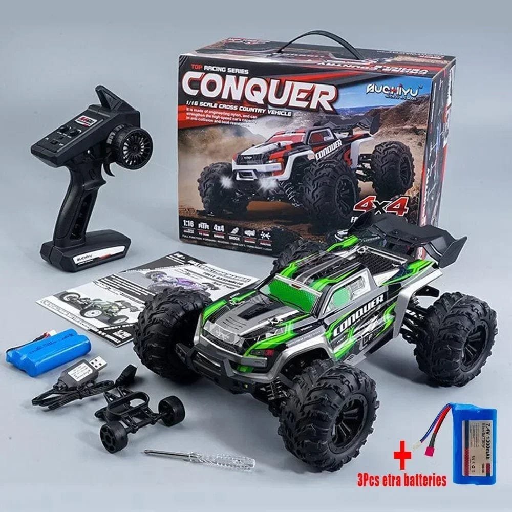 Toy truck with remote control, batteries, and accessories 