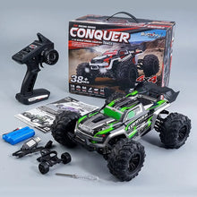 Flat lay of the high-speed RC truck with remote, battery and accessories, ready for immediate outdoor racing.