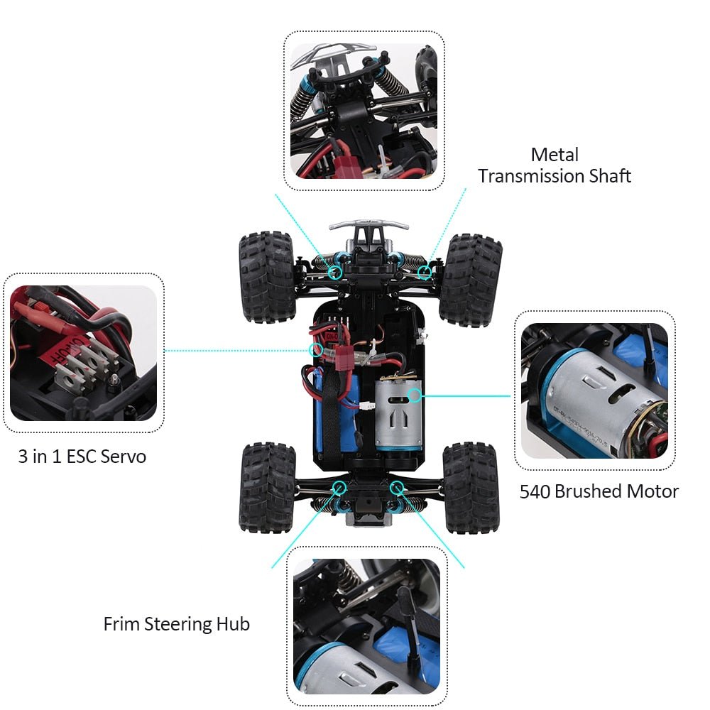 Technical diagram of a remote control car with labeled components 