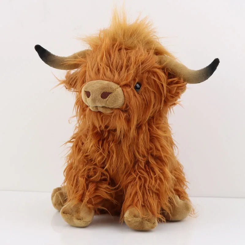 Highland Cow kawaii plush doll in cute soft stuffed form for cuddling on the sofa and comforting toddlers at bedtime.