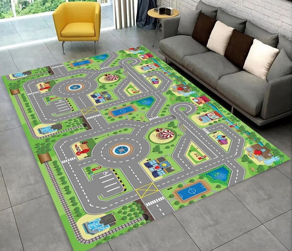 Highway City Traffic Playmat non-slip kids rug featuring a cityscape design shown on a gray floor, perfect for nursery and bedroom decor.
