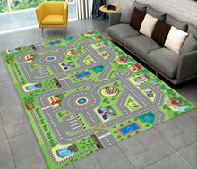 Highway City Traffic Playmat non-slip kids rug featuring a cityscape design shown on a gray floor, perfect for nursery and bedroom decor.