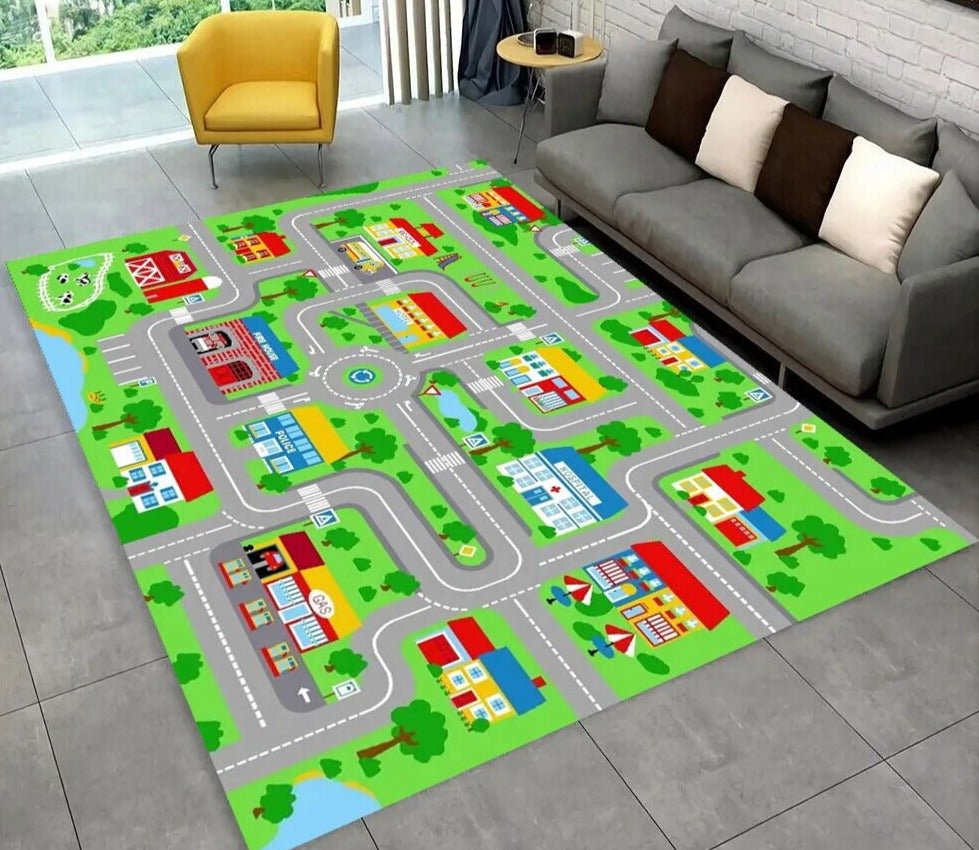 Highway City Traffic Playmat non-slip kids rug featuring a driving design shown on a gray floor, perfect for holiday gift giving.