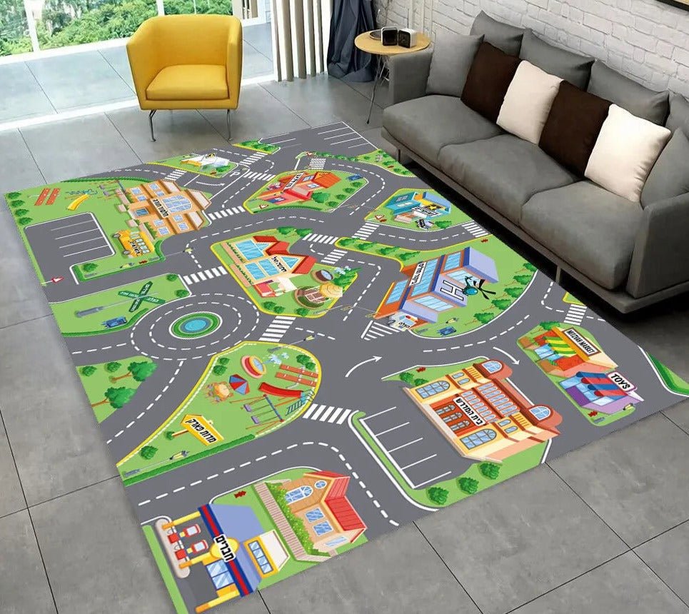Highway City Traffic Playmat non-slip kids rug featuring a driving design shown on a living room floor, perfect for rainy day indoor play.