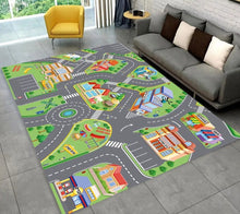 Highway City Traffic Playmat non-slip kids rug featuring a driving design shown on a living room floor, perfect for rainy day indoor play.