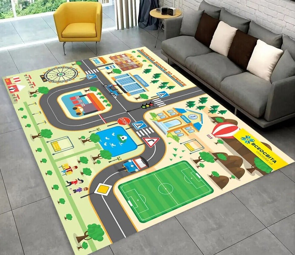 Highway City Traffic Playmat non-slip kids rug featuring a floor design shown on a gray floor, perfect for living room play sessions.