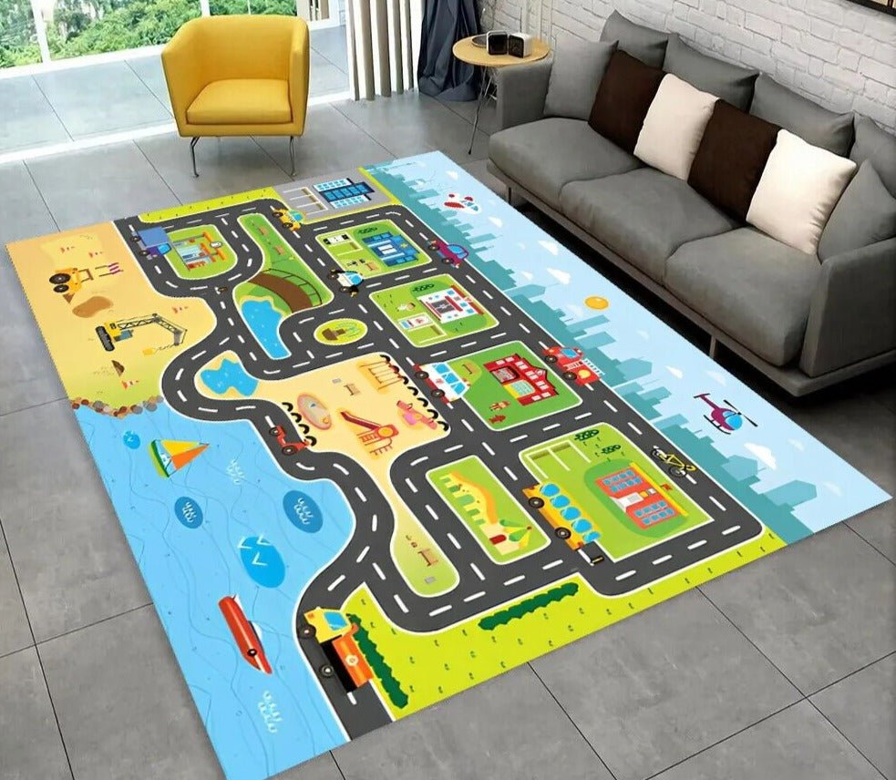 Highway City Traffic Playmat non-slip kids rug featuring a floor design shown on a gray floor, perfect for quiet time activities.