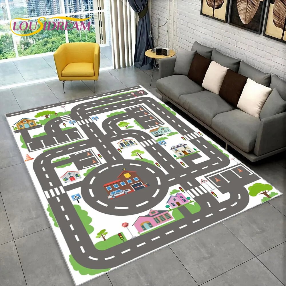 Highway City Traffic Playmat non-slip kids rug featuring a floor design shown on a living room floor, perfect for nursery and bedroom decor.