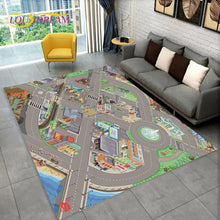 Highway City Traffic Playmat non-slip kids rug featuring a map floor design shown on a living room floor, perfect for family game night on the floor.