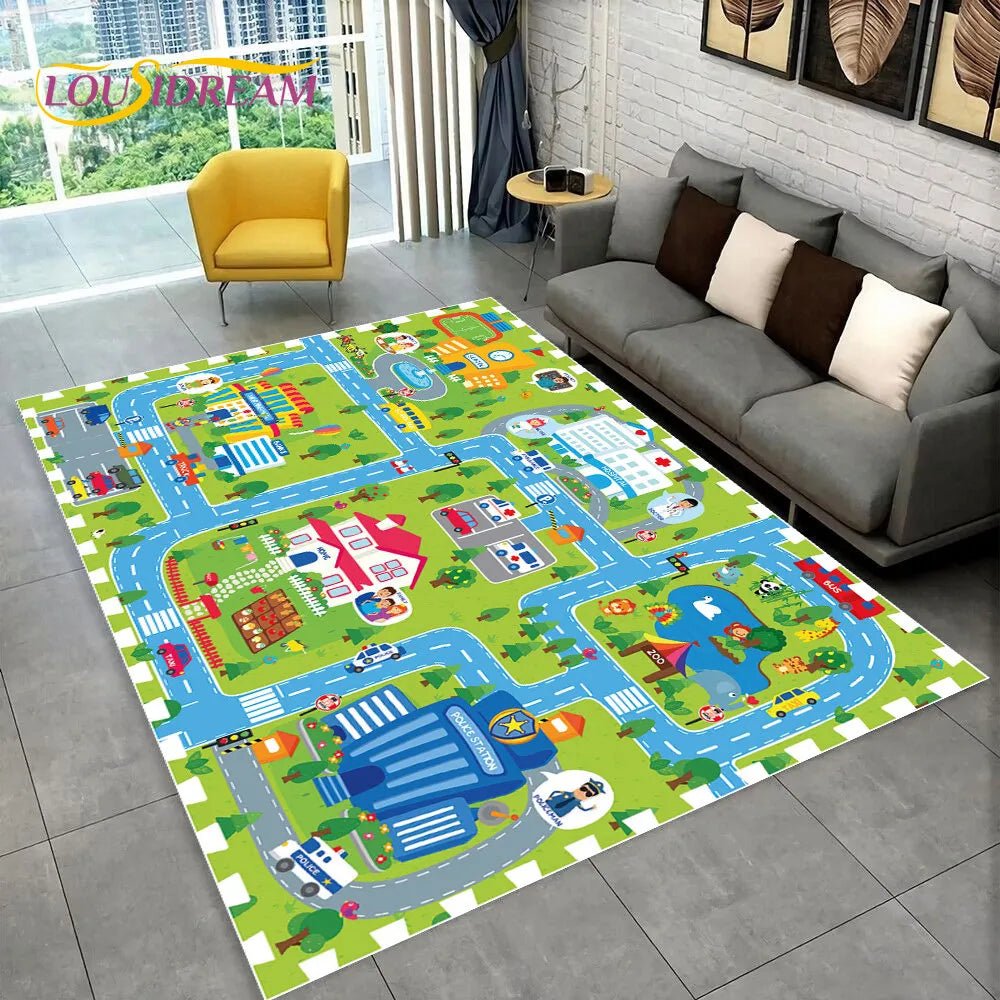 Highway City Traffic Playmat non-slip kids rug featuring a map design shown on a living room floor, perfect for crawling and tummy time.