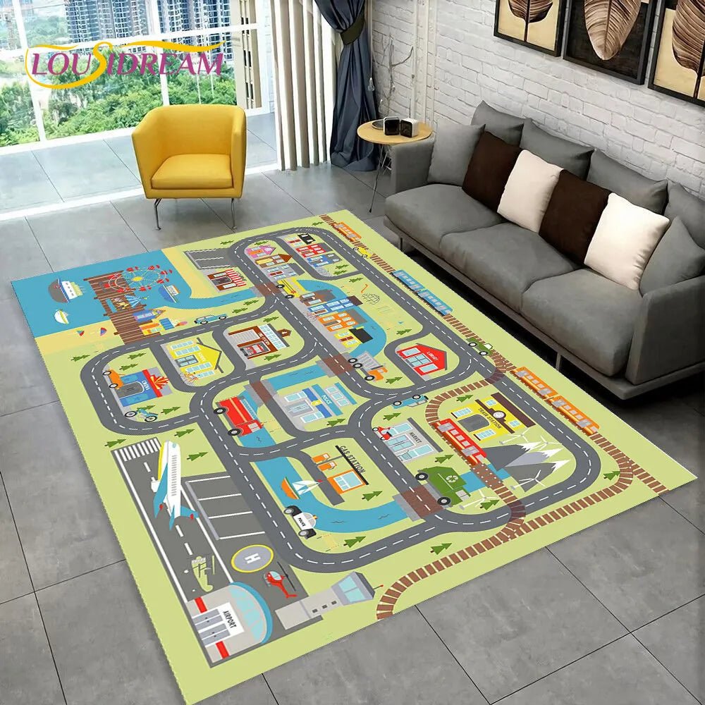 Highway City Traffic Playmat non-slip kids rug featuring a map design shown on a living room floor, perfect for crawling and tummy time.