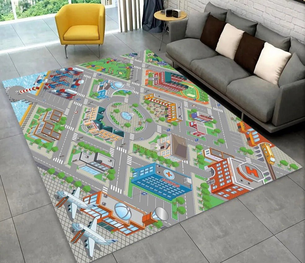 Highway City Traffic Playmat non-slip kids rug featuring a play floor design shown on a tiled floor, perfect for learning road safety through play.