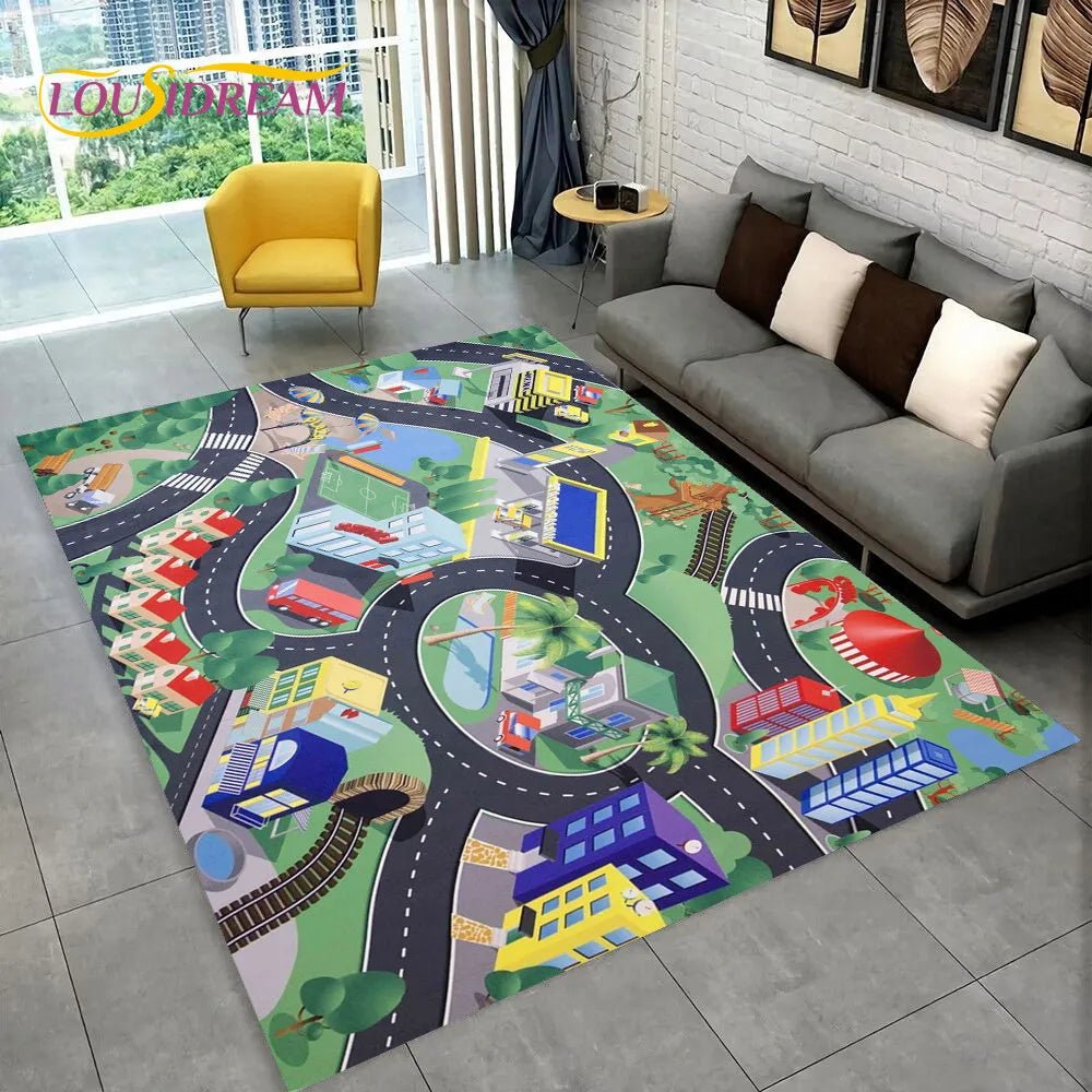 Highway City Traffic Playmat non-slip kids rug featuring a play design shown on a gray floor, perfect for quiet time activities.