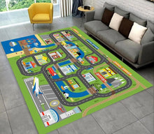 Highway City Traffic Playmat non-slip kids rug featuring a playroom design shown on a gray floor, perfect for toy car and truck races.