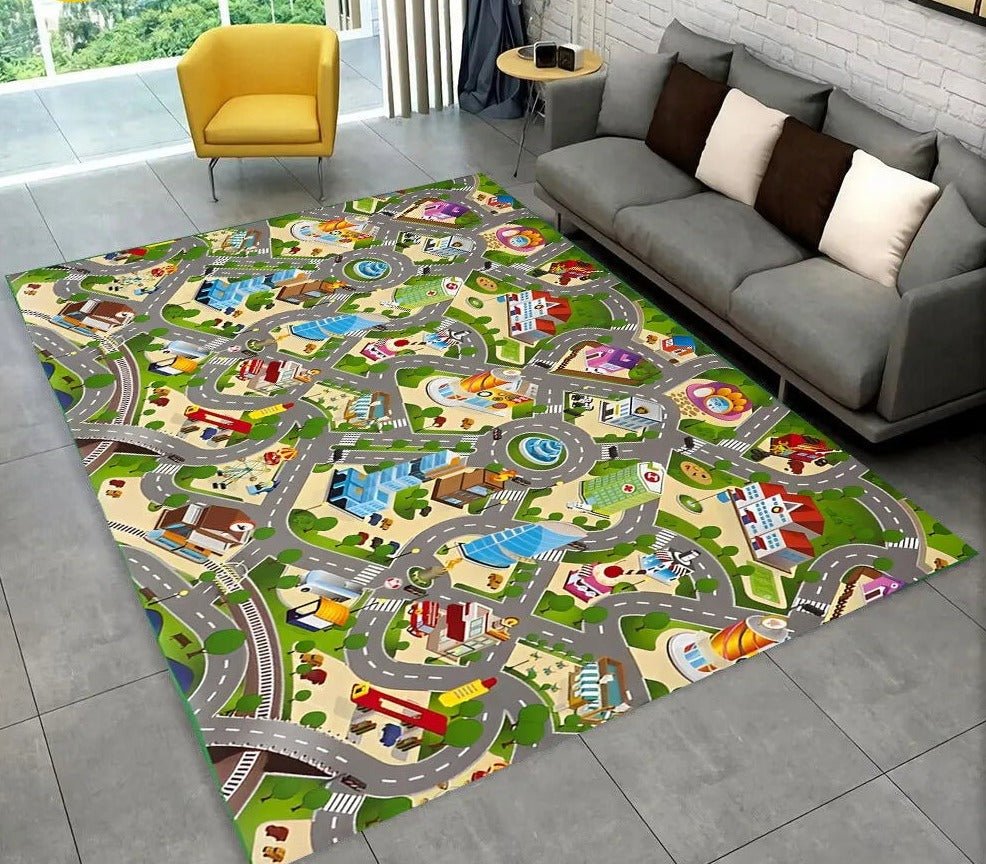 Highway City Traffic Playmat non-slip kids rug featuring a print design shown on a living room floor, perfect for toddler floor play.
