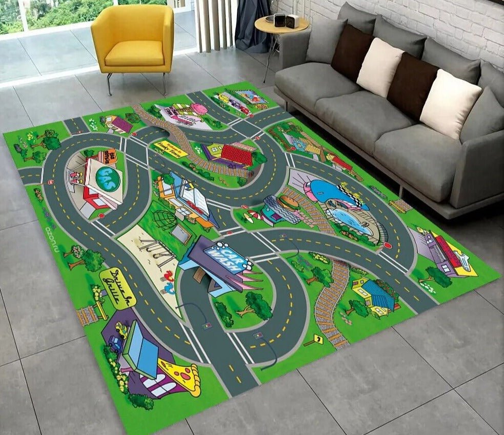 Highway City Traffic Playmat non-slip kids rug featuring a road grid design shown on a gray floor, perfect for birthday gift for toddlers.