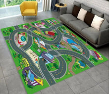 Highway City Traffic Playmat non-slip kids rug featuring a road grid design shown on a gray floor, perfect for birthday gift for toddlers.